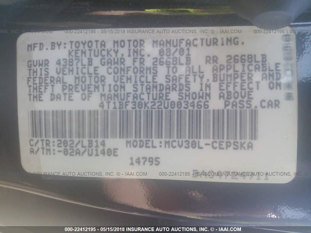 4T1BF30K22U003466 - 2002 TOYOTA CAMRY LE/XLE/SE 黑色 照片 9