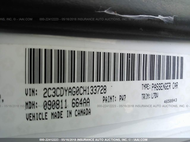 2C3CDYAG0CH133728 - 2012 DODGE CHALLENGER SXT WHITE photo 9