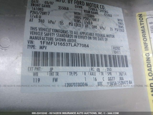 1FMFU16537LA77084 - 2007 FORD EXPEDITION XLT SILVER photo 9