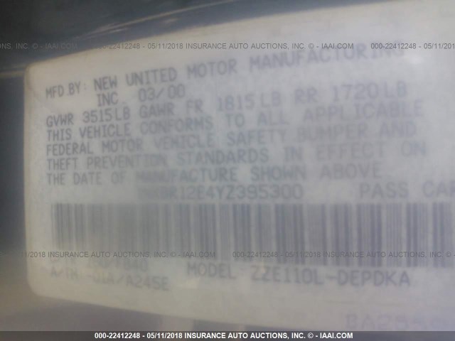 1NXBR12E4YZ395300 - 2000 TOYOTA COROLLA VE/CE/LE 蓝色 照片 9