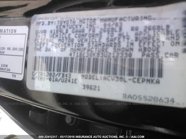 4T1BE30K83U212330 - 2003 TOYOTA CAMRY LE/XLE/SE Qara foto 9