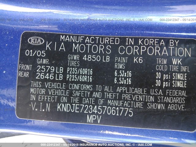 KNDJE723457061775 - 2005 KIA NEW SPORTAGE  BLUE photo 9