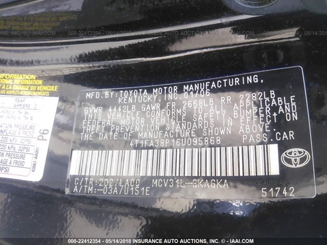 4T1FA38P16U095868 - 2006 TOYOTA CAMRY SOLARA SE/SLE BLACK photo 9