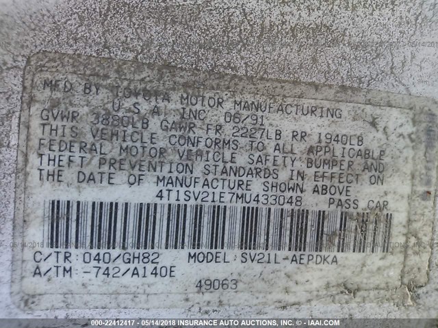 4T1SV21E7MU433048 - 1991 TOYOTA CAMRY DLX WHITE photo 9