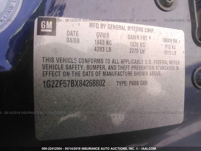 1G2ZF57BX84268802 - 2008 PONTIAC G6 VALUE LEADER/BASE Dark Blue photo 9