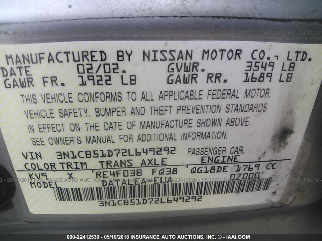 3N1CB51D72L649292 - 2002 NISSAN SENTRA XE/GXE SILVER photo 9