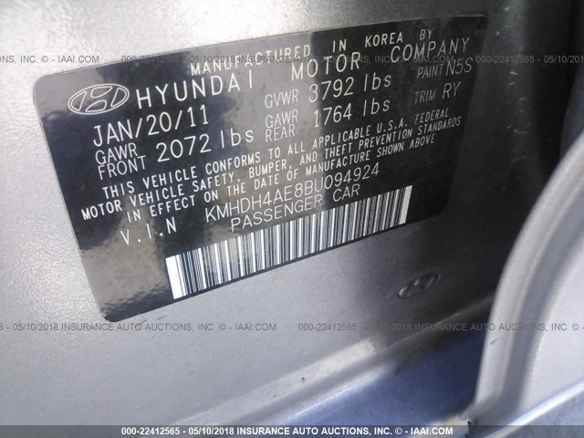 KMHDH4AE8BU094924 - 2011 HYUNDAI ELANTRA GLS/LIMITED GRAY photo 9