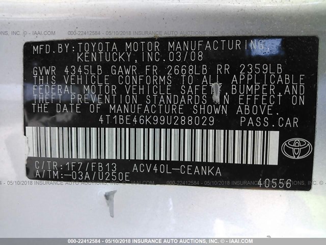 4T1BE46K99U288029 - 2009 TOYOTA CAMRY SE/LE/XLE 银色 照片 9