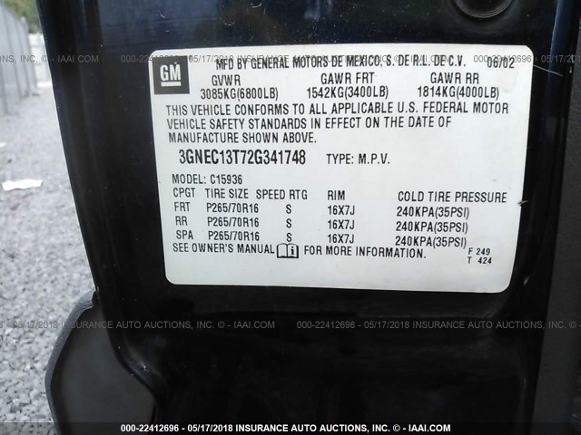 3GNEC13T72G341748 - 2002 CHEVROLET AVALANCHE C1500 BLUE photo 9