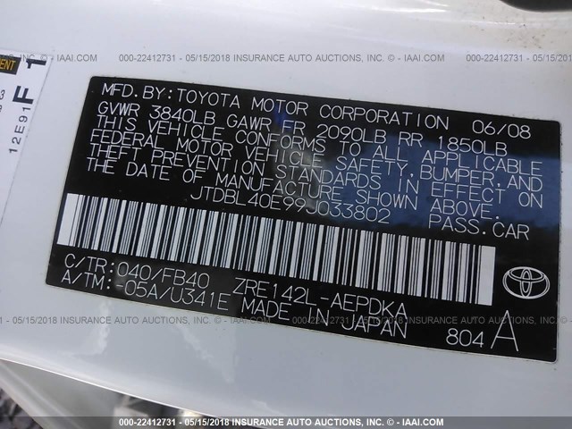 JTDBL40E99J033802 - 2009 TOYOTA COROLLA LE/XLE WHITE photo 9