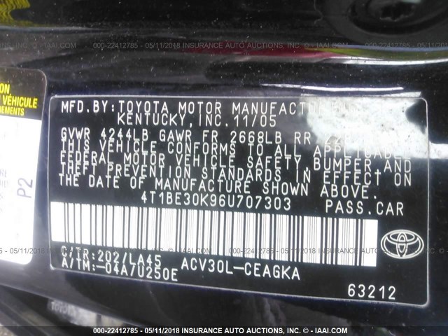 4T1BE30K96U707303 - 2006 TOYOTA CAMRY LE/XLE/SE BLACK photo 9