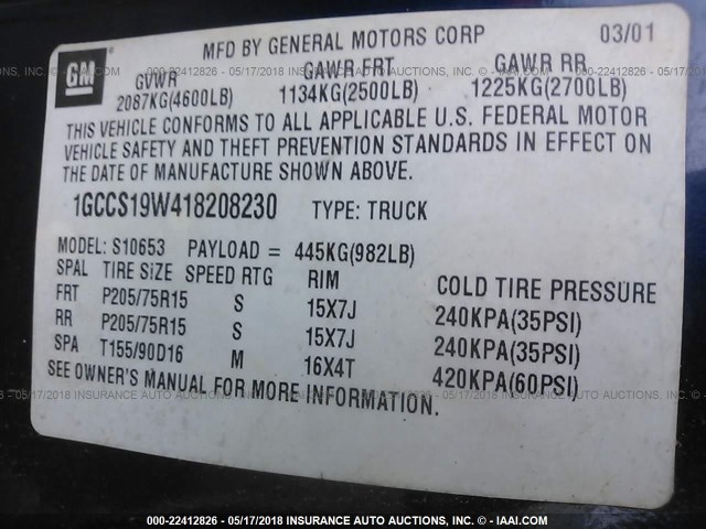 1GCCS19W418208230 - 2001 CHEVROLET S TRUCK S10 BLUE photo 9