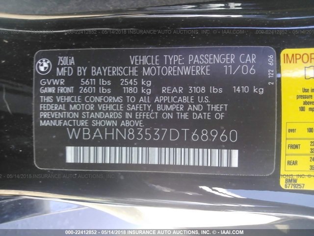 WBAHN83537DT68960 - 2007 BMW 750 BLACK photo 9