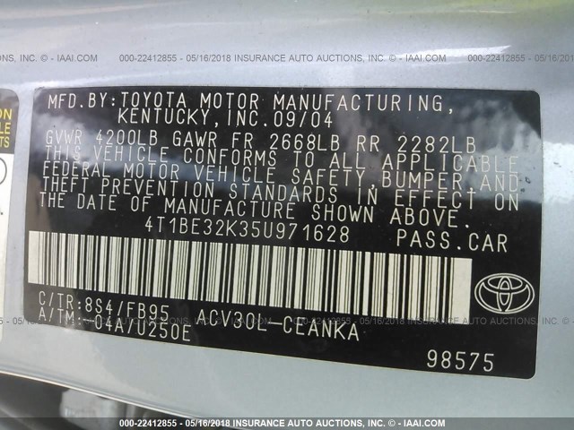 4T1BE32K35U971628 - 2005 TOYOTA CAMRY LE/XLE/SE Açıq mavi foto 9