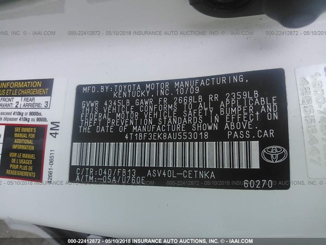 4T1BF3EK8AU553018 - 2010 TOYOTA CAMRY SE/LE/XLE 白色 照片 9