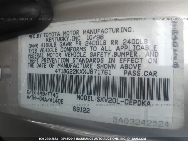 4T1BG22KXXU871761 - 1999 TOYOTA CAMRY CE/LE/XLE GOLD photo 9