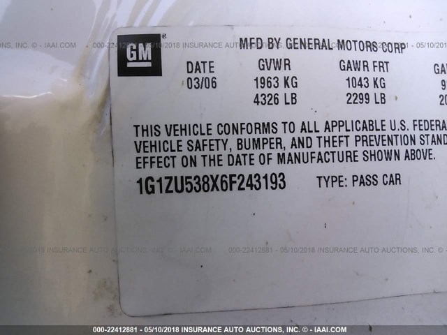 1G1ZU538X6F243193 - 2006 CHEVROLET MALIBU LTZ 白色 照片 9