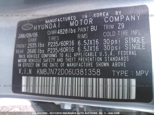 KM8JN72D06U381358 - 2006 HYUNDAI TUCSON GLS/LIMITED Light Blue photo 9