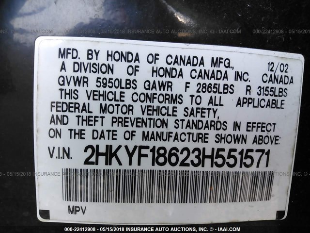 2HKYF18623H551571 - 2003 HONDA PILOT EXL BLACK photo 9