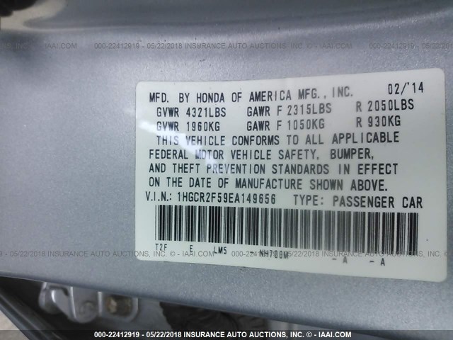 1HGCR2F59EA149656 - 2014 HONDA ACCORD SPORT Күміс фото 9