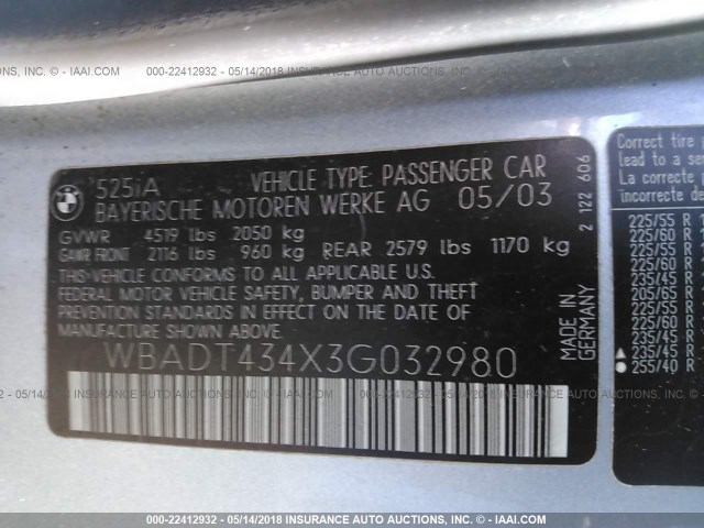 WBADT434X3G032980 - 2003 BMW 525 I AUTOMATIC Mavi foto 9
