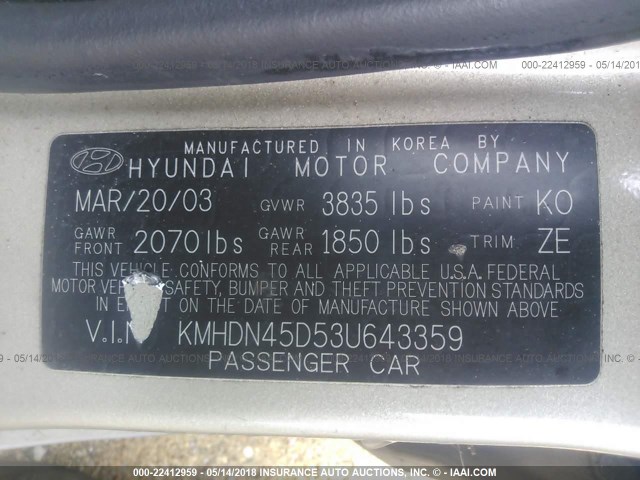 KMHDN45D53U643359 - 2003 HYUNDAI ELANTRA GLS/GT GOLD photo 9