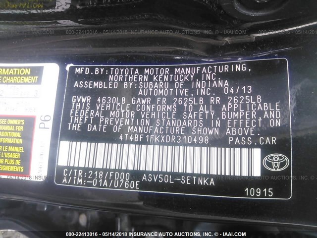 4T4BF1FKXDR310498 - 2013 TOYOTA CAMRY L/SE/LE/XLE 黑色 照片 9