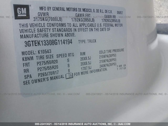 3GTEK13308G114194 - 2008 GMC SIERRA K1500 TAN photo 9