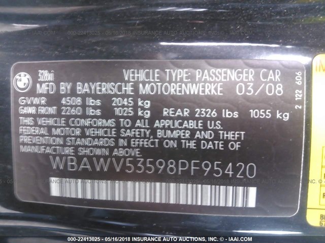 WBAWV53598PF95420 - 2008 BMW 328 XI SULEV BLACK photo 9