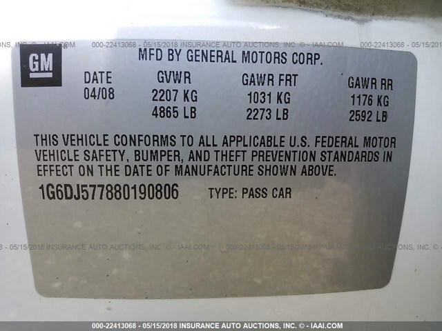 1G6DJ577880190806 - 2008 CADILLAC CTS თეთრი ფოტო 9