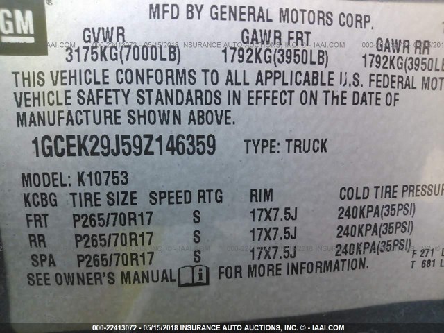 1GCEK29J59Z146359 - 2009 CHEVROLET SILVERADO K1500 LT BLUE photo 9