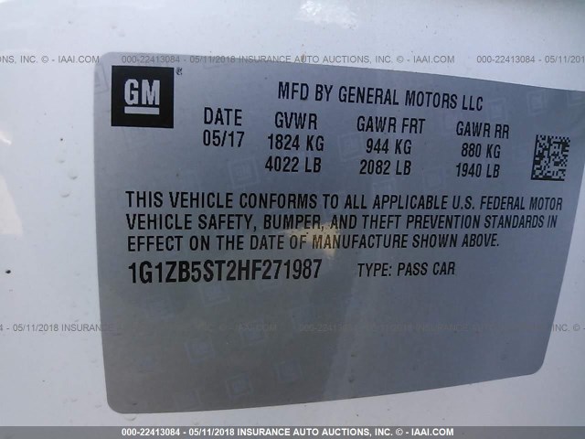 1G1ZB5ST2HF271987 - 2017 CHEVROLET MALIBU LS 白色 照片 9