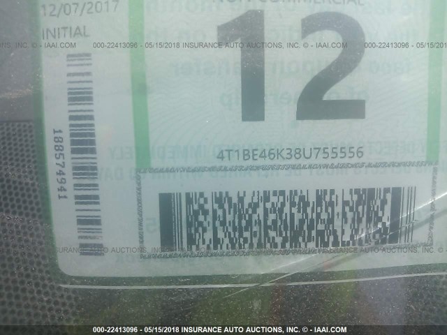 4T1BE46K38U755556 - 2008 TOYOTA CAMRY CE/LE/XLE/SE BLACK photo 9