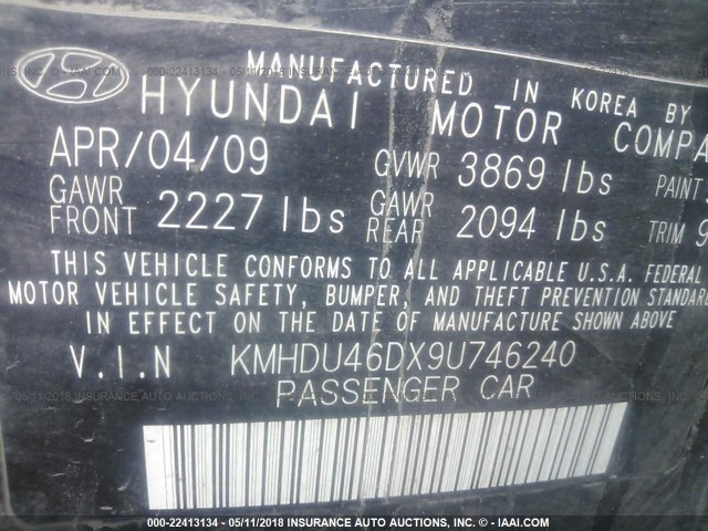 KMHDU46DX9U746240 - 2009 HYUNDAI ELANTRA GLS/SE BLACK photo 9