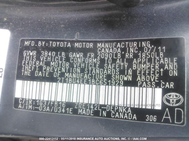 2T1BU4EE1BC651929 - 2011 TOYOTA COROLLA S/LE GRAY photo 9