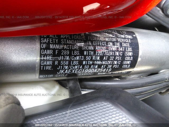 JKAEXEC199DA25419 - 2009 KAWASAKI EX650 C 红色 照片 10