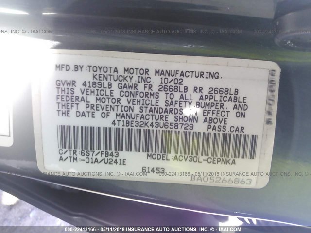 4T1BE32K43U658729 - 2003 TOYOTA CAMRY LE/XLE/SE მწვანე ფოტო 9