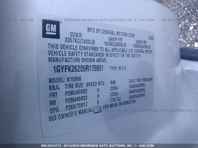 1GYFK26209R178891 - 2009 CADILLAC ESCALADE ESV LUXURY GOLD photo 9