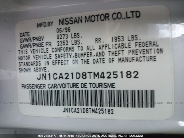 JN1CA21D8TM425182 - 1996 NISSAN MAXIMA GLE/GXE/SE WHITE photo 9