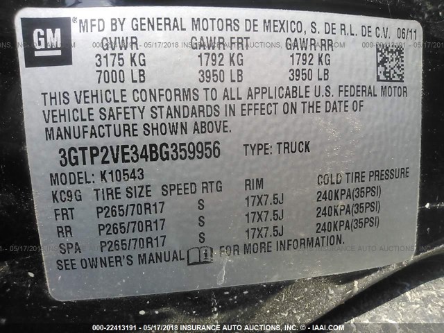 3GTP2VE34BG359956 - 2011 GMC SIERRA K1500 SLE BLACK photo 9