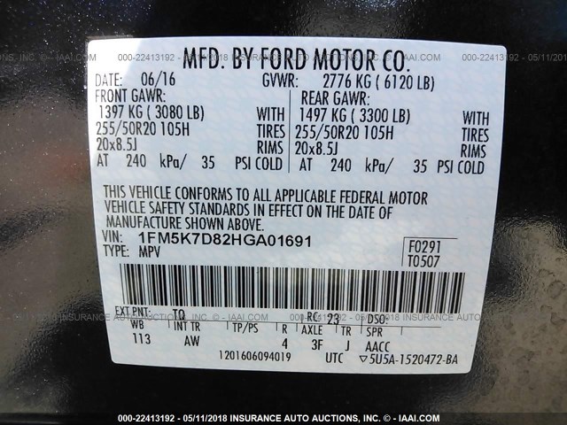 1FM5K7D82HGA01691 - 2017 FORD EXPLORER XLT GRAY photo 9