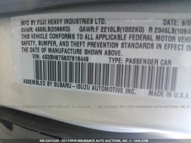 4S3BH675937618449 - 2003 SUBARU LEGACY OUTBACK AWP 银色 照片 9