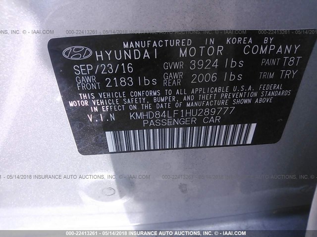 KMHD84LF1HU289777 - 2017 HYUNDAI ELANTRA SE/VALUE/LIMITED SILVER photo 9