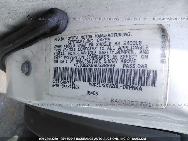 4T1BG22K6WU326946 - 1998 TOYOTA CAMRY CE/LE/XLE 白色 照片 9