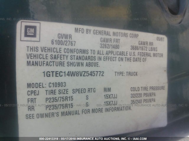 1GTEC14W8VZ545772 - 1997 GMC SIERRA C1500 GREEN photo 9