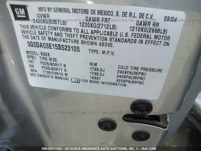 3G5DA03E15S523105 - 2005 BUICK RENDEZVOUS CX/CXL SILVER photo 9