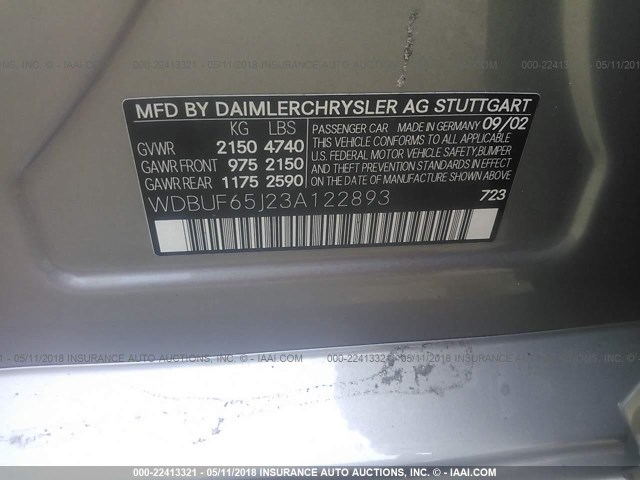 WDBUF65J23A122893 - 2003 MERCEDES-BENZ E 320 GRAY photo 9