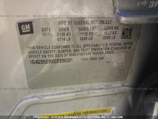 1G4GD5ERXCF206091 - 2012 BUICK LACROSSE PREMIUM SILVER photo 9