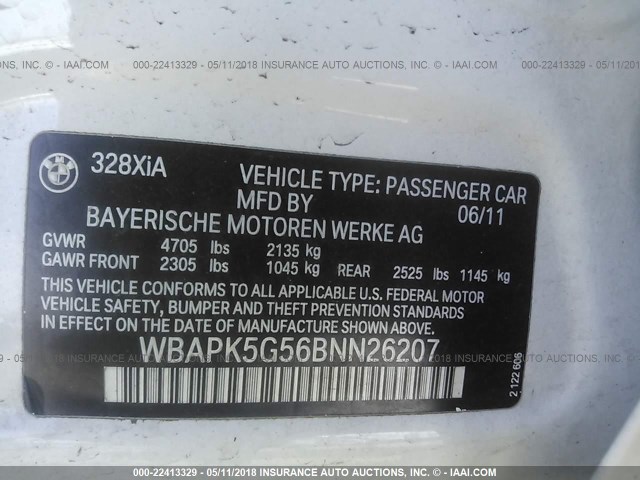 WBAPK5G56BNN26207 - 2011 BMW 328 XI SULEV WHITE photo 9