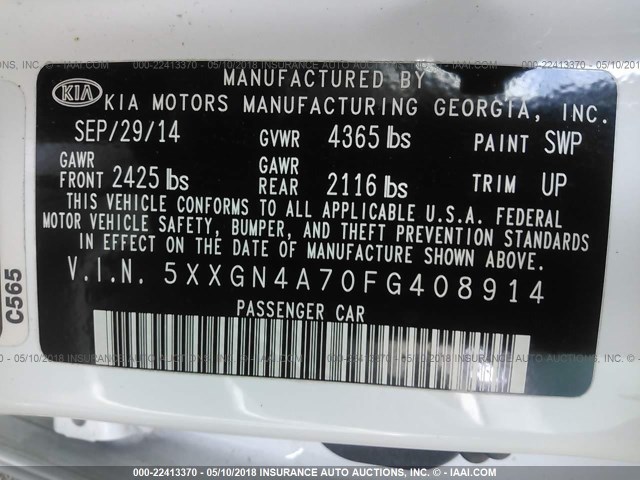 5XXGN4A70FG408914 - 2015 KIA OPTIMA EX WHITE photo 9